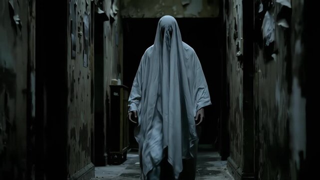 A ghostly figure walks down a dark, dilapidated hallway.