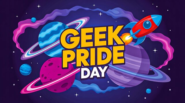 Geek pride day celebration with rocket and planets colorful space illustration
