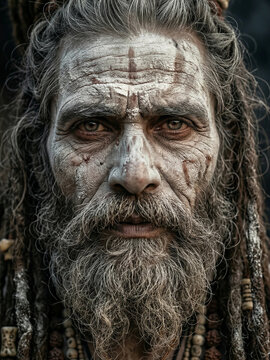 Elderly Aghori Sadhu Portrait with Intense Eyes, Spiritual Expression