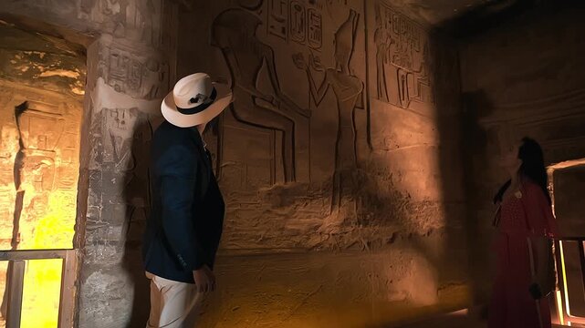 american young man traveler wearing white hat with his wife with red dress exploring ancient Egyptian abu simble temple with background of ramsses ii statues. Egypt.