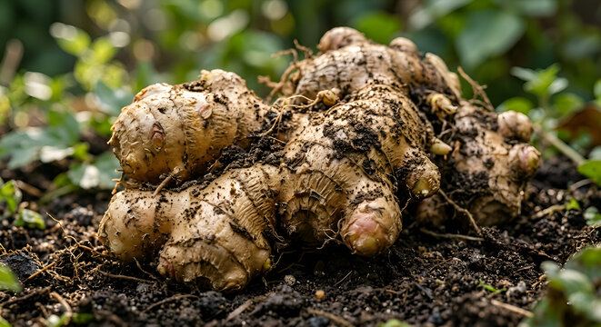 A hyper-realistic, highly detailed 16K macro photograph of fresh ginger roots partially covered in soil