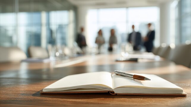 Professional meeting scene with notebook and pen on a wooden desk in a corporate boardroom