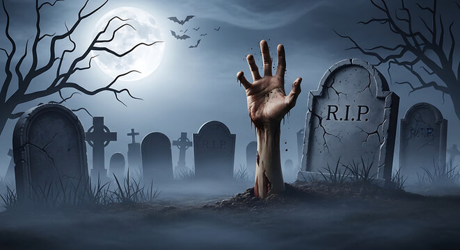 Spooky Halloween scene featuring a decaying zombie hand rising from a cemetery grave under a full moon with thick fog and misty atmosphere in a dark haunted graveyard at night.