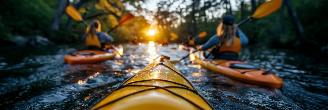 Yellow kayak close-up with paddlers on lake at sunset