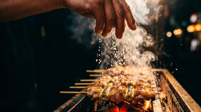 Close-up of Chef's Hand Sprinkling Salt on Negima Yakitori Chicken Skewers Over a Sizzling Charcoal Grill, Japanese Street Food Action, Smoky Nighttime Scene, Appertizing and Detailed
