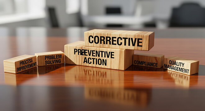 Professional CAPA concept featuring stacked wooden blocks inscribed with corrective and preventive action text representing industrial quality management process and strategic risk assessment.