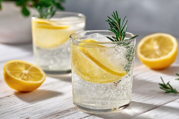 Fototapeta premium Refreshing lemon cocktails with rosemary garnishes on a rustic table