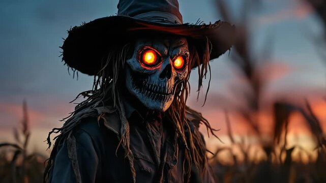 A creepy scarecrow with glowing eyes in a cornfield at dusk.