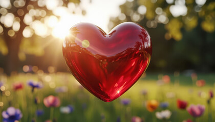 Obraz premium A large red heart is floating above a vibrant flower garden. The heart reflects sunlight as it hovers among colorful flowers in a serene setting.