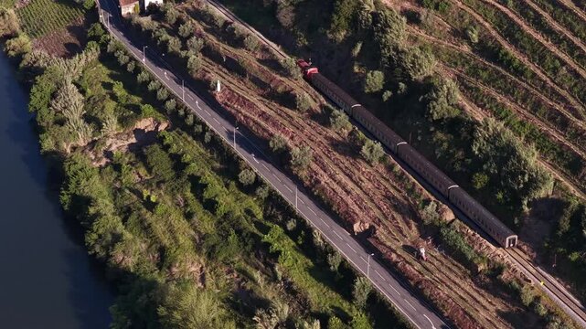 Aerial view of a train travels parallel to a road, contrasting with the river and terraced landscape, Mesao Frio, Portugal.