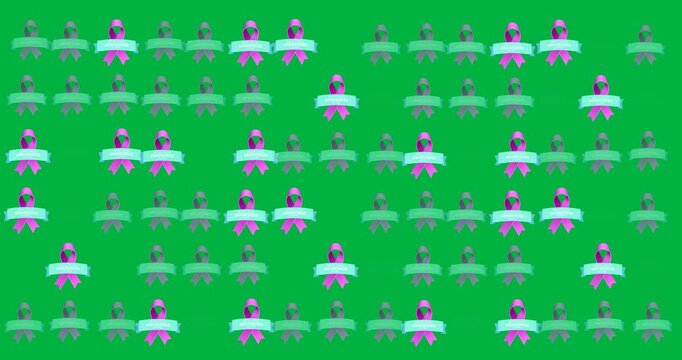 Digital animation of multiple purple ribbon over blue anchor icons against black background