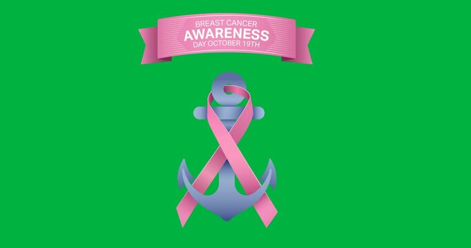 Breast cancer awareness day text with pink ribbon over anchor icon against black background