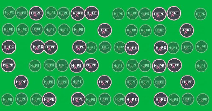 Digital animation of multiple hope text banners with pink ribbon icon against black background