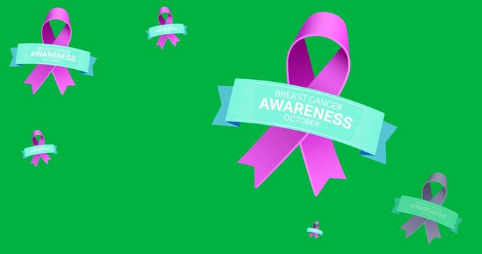 Multiple breast cancer awareness text banners over purple ribbon icons against black background