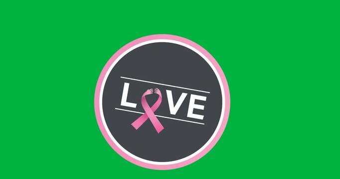 Digital animation of love text with pink ribbon icon on round banner against black background