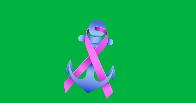 Digital animation of pink ribbon over purple anchor icon against black background
