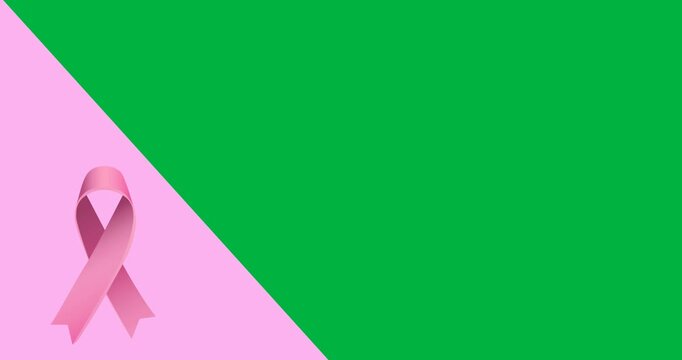 Digital animation of pink ribbon icon over pink banner against black background