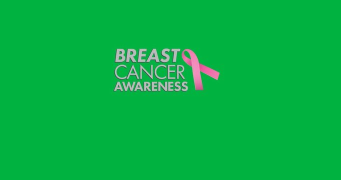 Digital animation of breast cancer awareness text banner with pink ribbon icon on black background