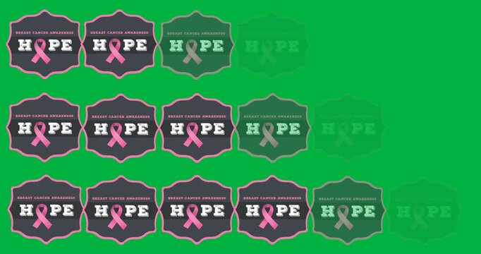 Digital animation of multiple hope text banners with pink ribbon icons against black background