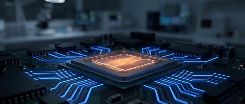 Advanced microprocessor chip with glowing orange core and blue circuit pathways on dark motherboard background for technology and computing applications.