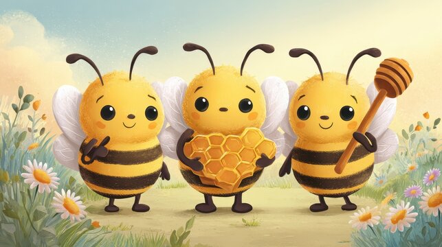 Playful cartoon bee character trio: pointing bee, honeycomb holder, and honey dipper bearer