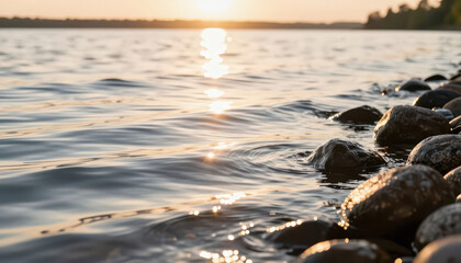 Obraz premium a calm river with smooth stones along the water's edge. The river reflects the sunlight, creating a serene atmosphere with gentle ripples in the water.