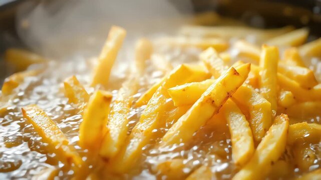 Close-up of golden french fries sizzling in hot oil while being fried.