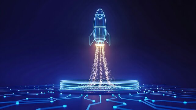 Futuristic rocket launch with digital network lines for space technology concept

