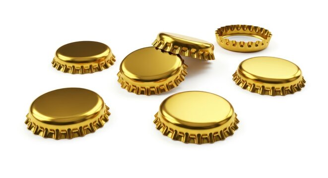 Golden beer bottle caps isolated.