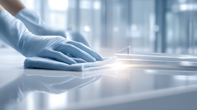 Professional cleaning service wiping down a shiny surface with a blue microfiber cloth. Gloved hands meticulously cleaning a reflective countertop with a soft cloth, ensuring a hygienic environment