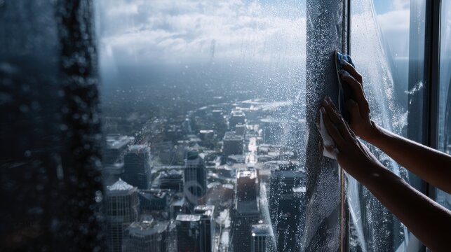 Professional window cleaning service for high-rise buildings with city view. Hands using a sponge and cloth to clean a large window overlooking a cityscape, ensuring a spotless finish