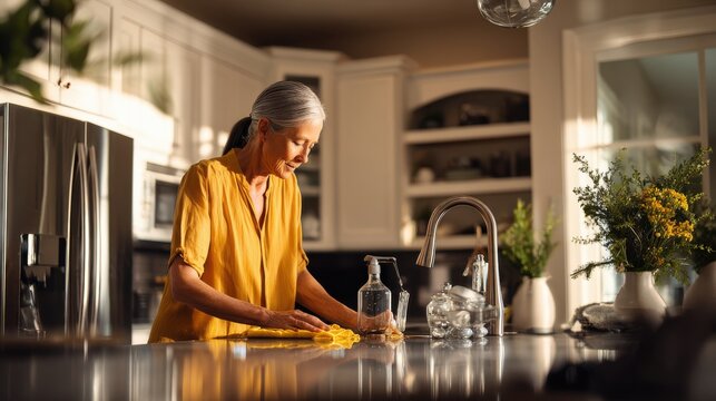 Senior woman cleaning kitchen counter with yellow cloth and spray bottle. An older woman with gray hair is diligently wiping down a modern kitchen counter with bright yellow cloth, spray bottle nearby
