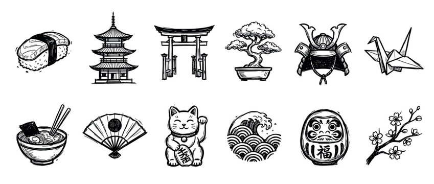 Set of twelve hand-drawn Japanese icons representing traditional culture, including a pagoda, torii gate, bonsai tree, samurai helmet, ramen, and maneki-neko cat in a sketch style