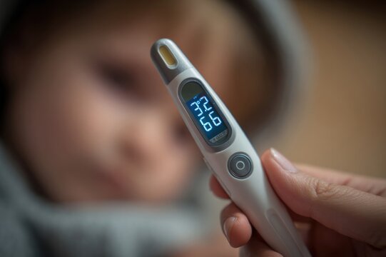 A macro shot of a modern, digital thermometer showing a temperature of 36.6A degree C, held by a parent's hand near a child's face, home healthcare, shallow depth of field