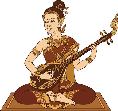 Traditional Thai Musical Performance Illustration Featuring a Woman Playing the Phin Lute for Cultural Heritage, Southeast Asian Tourism, and Artistic Design