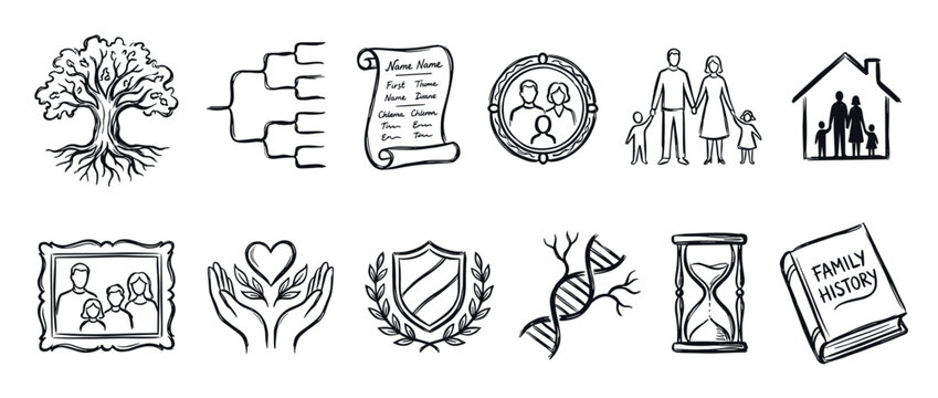 Set of hand-drawn genealogy and family history icons featuring a lineage tree, ancestry chart, DNA, historical book, and portraits in a simple black and white sketch style