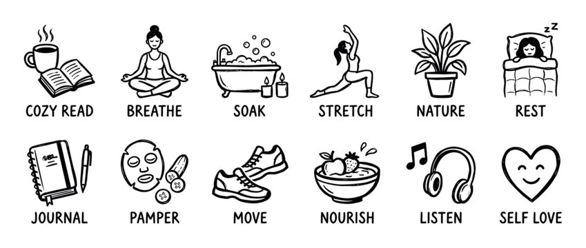 Twelve hand-drawn black and white wellness icons depict essential self-care activities such as meditation, reading, stretching, and nourishing, rendered in a simple, illustrative style