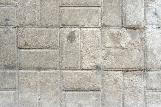 Gray concrete paving blocks arranged in a herringbone or rectangular pattern. Paving blocks are used for walkways, driveways, and outdoor patios.