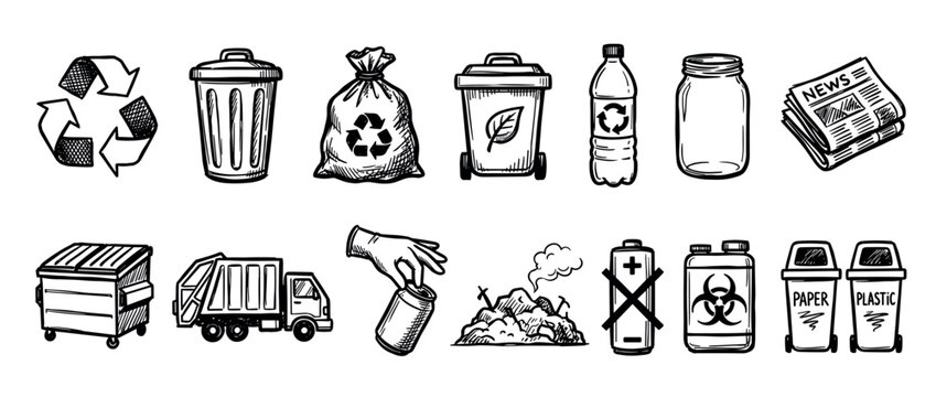 Hand drawn recycling and waste management icons set showing trash cans, garbage truck, sorting bins, bottle, and landfill in a black and white sketch doodle style illustration