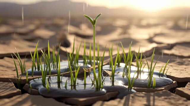 Green sprout growing from cracked desert soil during rainfall. Low angle view of plant emerging in parched landscape.