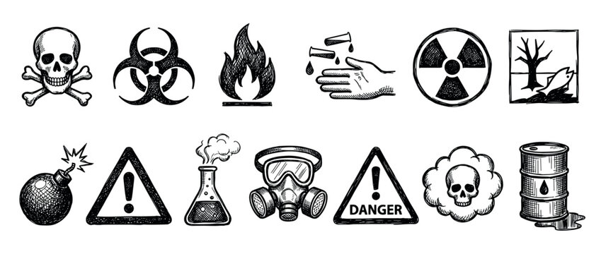 Set of hand-drawn danger warning icons in a black and white sketch style, featuring toxic, biohazard, radiation, flammable, explosive, and chemical hazard symbols