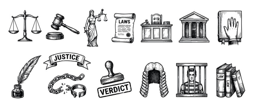 Set of hand-drawn law and justice icons in a vintage engraving style featuring a gavel, scales, courthouse, and Lady Justice statue for legal concepts