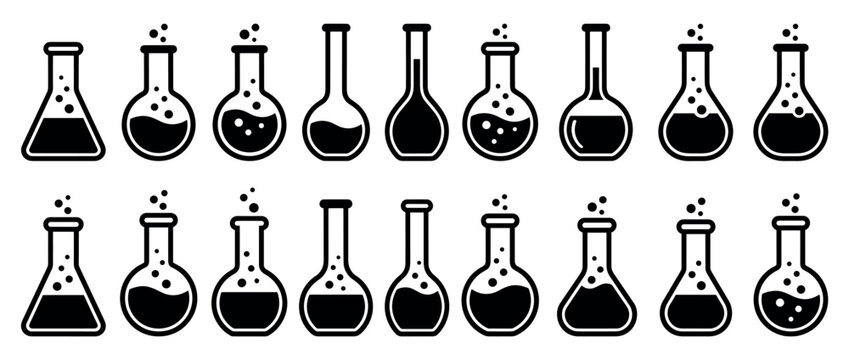 Collection of black laboratory flask icons featuring various glassware shapes with bubbling liquids, representing scientific research and chemical experiments