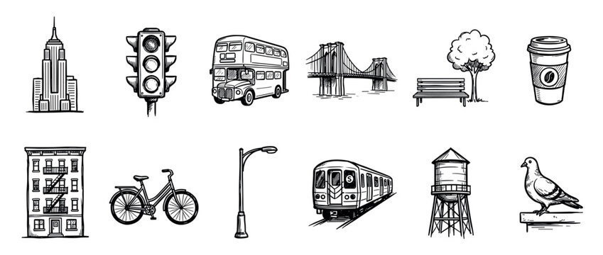 Diverse collection of hand-drawn urban city elements, including iconic architecture, transportation, and daily life objects, rendered in a classic black and white sketch style
