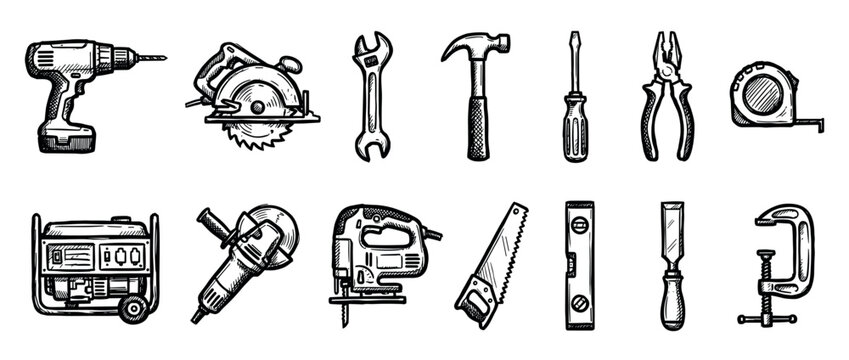 Diverse collection of essential hand tools and power tools is illustrated in a detailed, black and white hand-drawn sketch, showcasing equipment for construction and repair projects