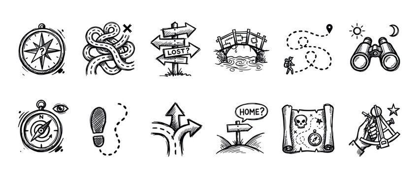 Hand drawn travel and navigation icon set featuring a compass, treasure map, and signpost in a black and white doodle style illustrating adventure, exploration, and getting lost
