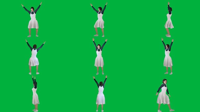 A woman in white dress is dancing on green screen و standing animated chromakey background expression emotion backgrounds elements cartoonish composition creative gesture frame colorful