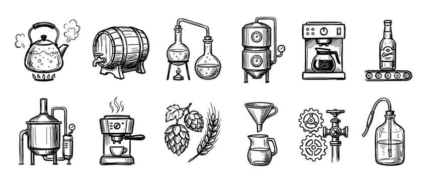 Hand-drawn sketch icons of brewing equipment for beer, coffee, and distillation, including a barrel, fermenter, hops, and barley in a vintage doodle style illustration set