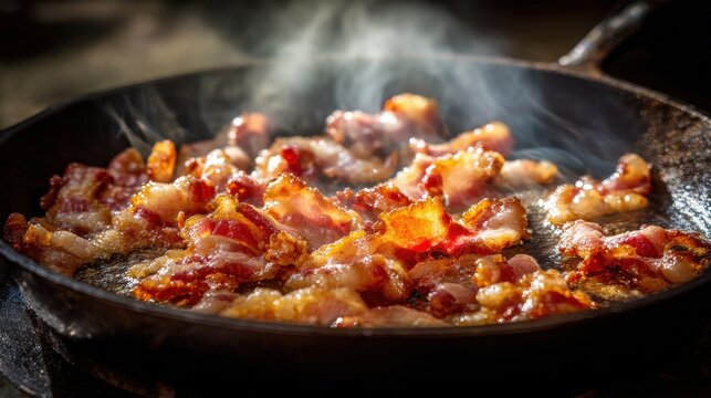 Rustic kitchen scene featuring sizzling bacon pieces during morning cooking