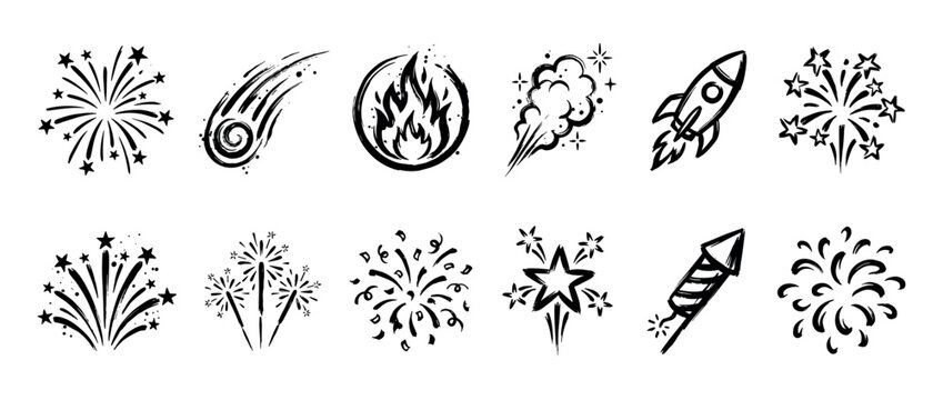 Set of twelve black hand-drawn icons featuring fireworks, rockets, comets, and fire explosions in a dynamic doodle sketch style for festive celebration designs